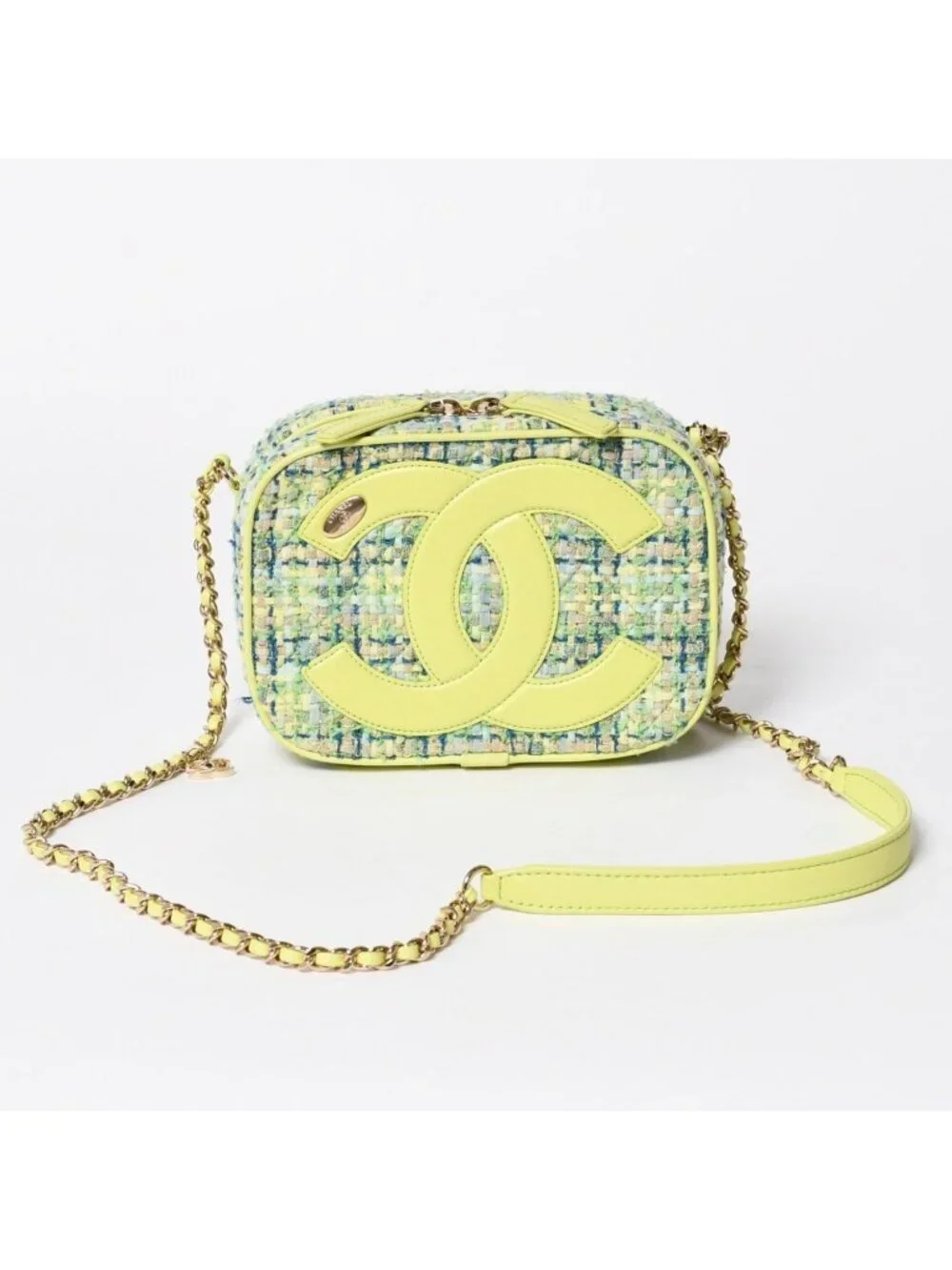 Chanel CC Mania Small Camera Bag CC Logo Lime Green Multicolor Tweed Lambskin